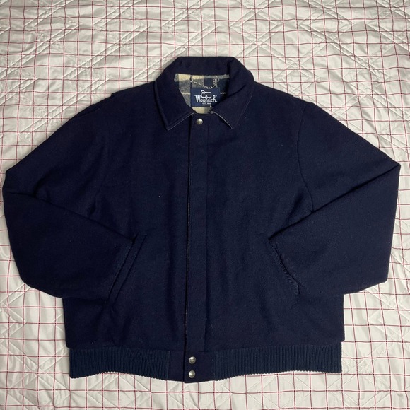 Woolrich Men Large Wool Jacket Navy Blue Plaid Lined Bomber Style Made USA - Picture 5 of 13